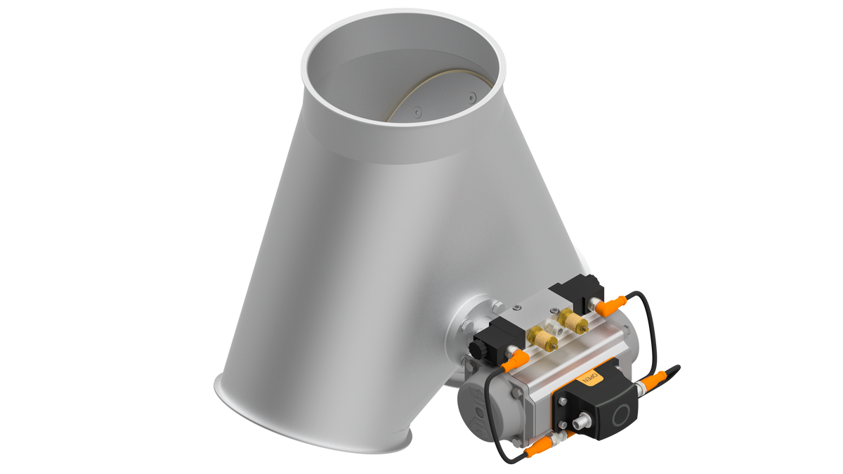 Two-way valve with flap seal, 1.4301, blasted, SYM, rotary actuator